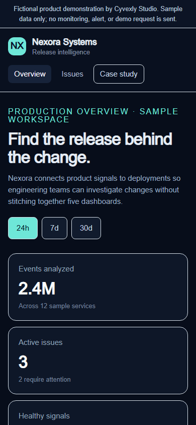 Mobile view of the built Nexora release-intelligence dashboard