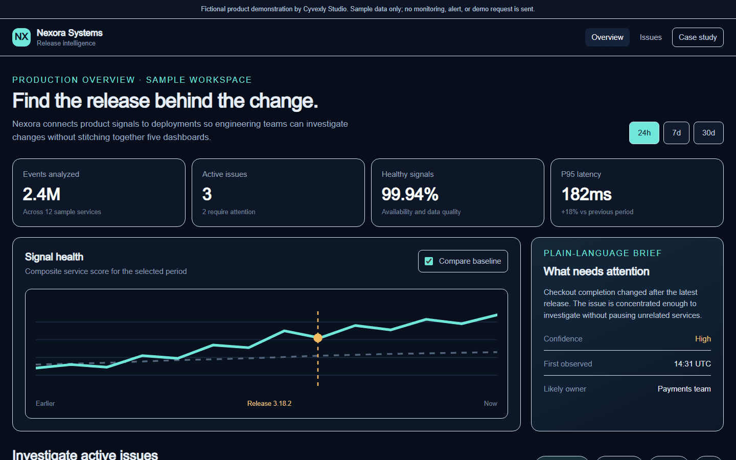 Desktop view of the built Nexora release-intelligence dashboard