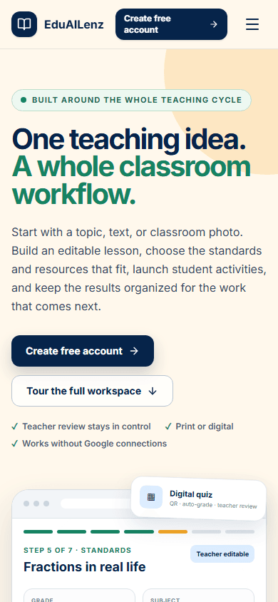 Phone view of the current public EduAILenz teacher-workspace homepage