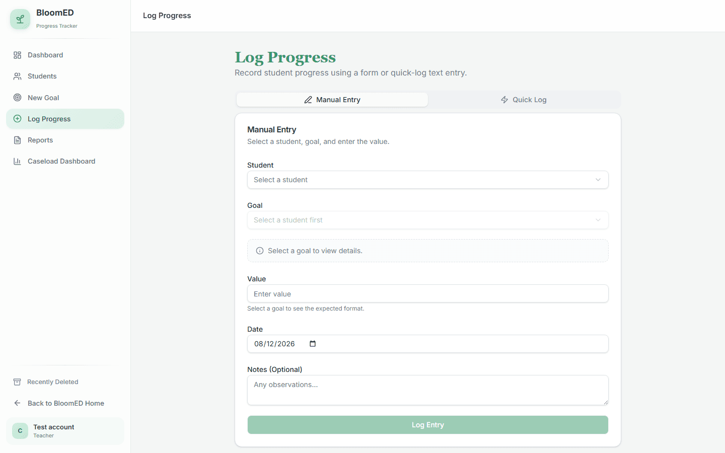 Authenticated BloomED progress log on desktop with student, goal, value, date, and notes fields