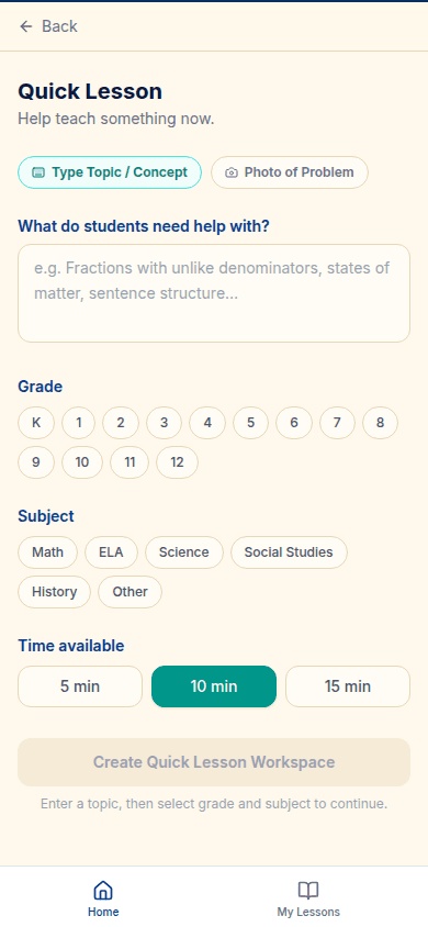 Authenticated EduAILenz Quick Lesson setup arranged for a phone
