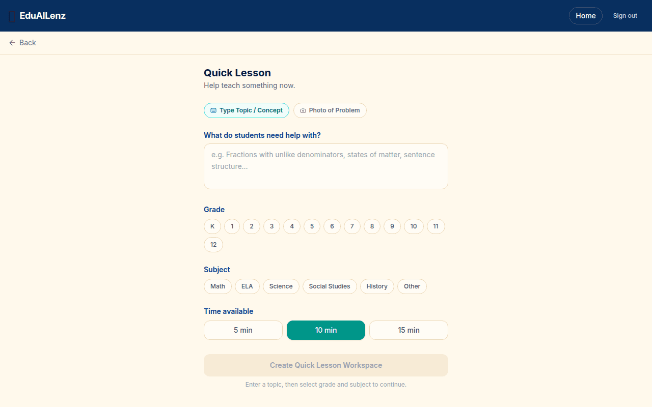 Authenticated EduAILenz Quick Lesson setup on desktop with topic, grade, subject, and time controls