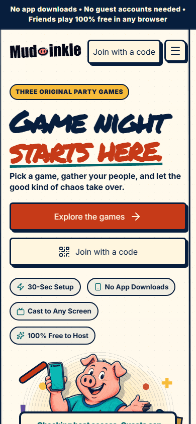 Phone view of the current public Mudoinkle staging homepage