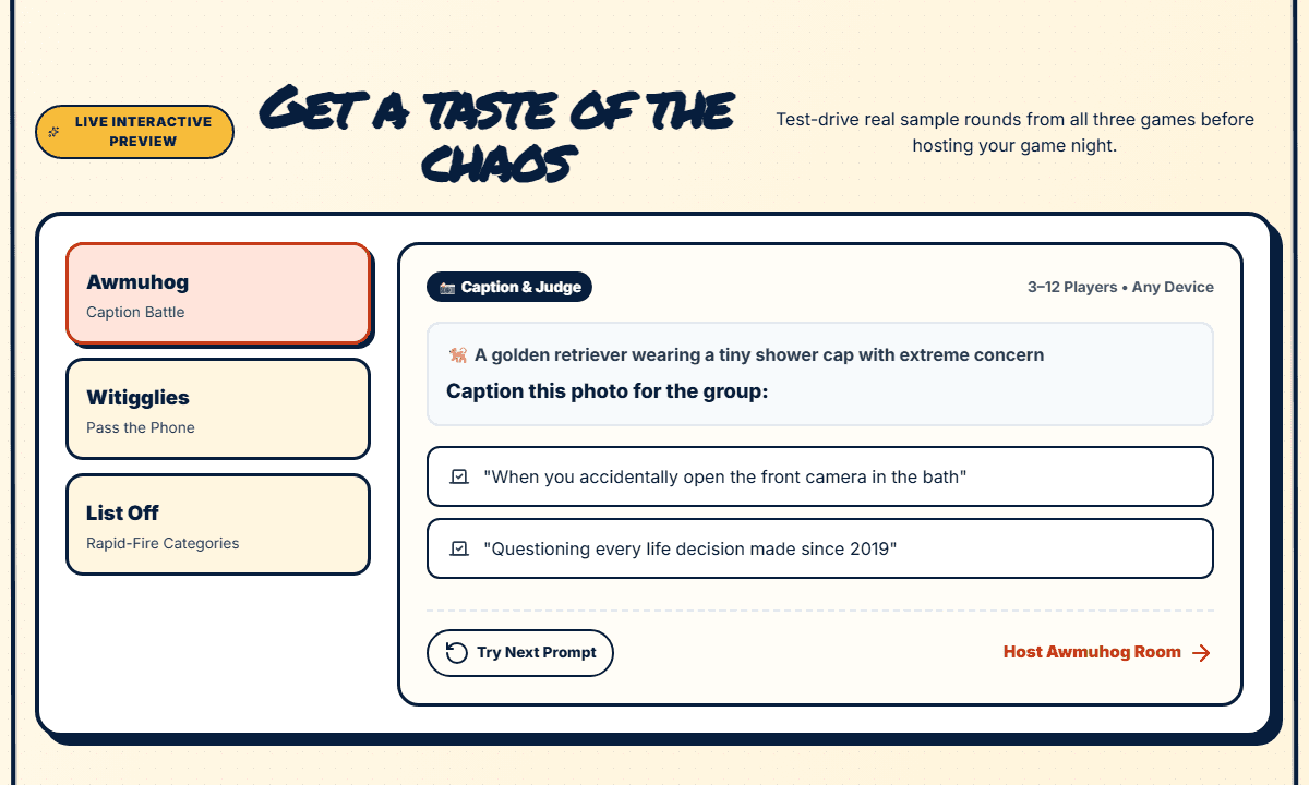 Live Mudoinkle Awmuhog preview on desktop with an image prompt and two sample captions