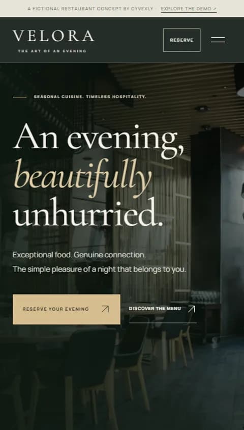 Complete mobile view of the Velora restaurant concept homepage