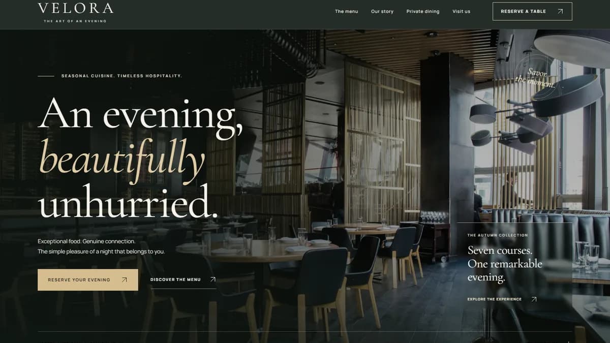 Complete desktop view of the Velora restaurant concept homepage