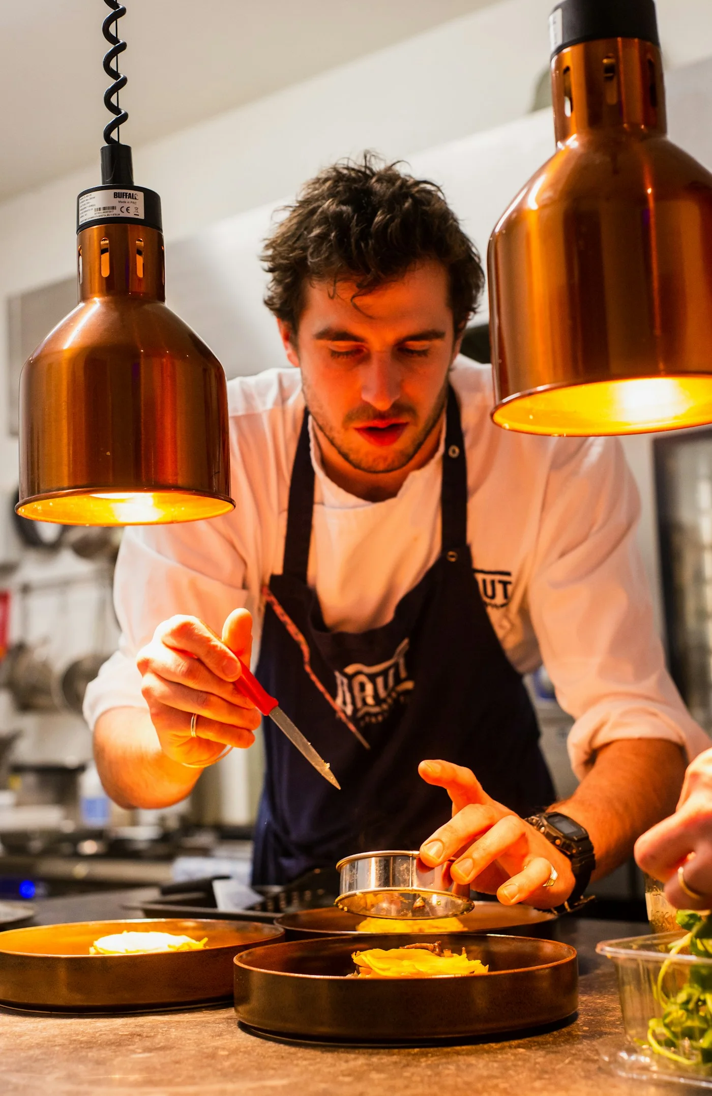 A chef focused on the finishing touches of a plated dish; illustrative photography